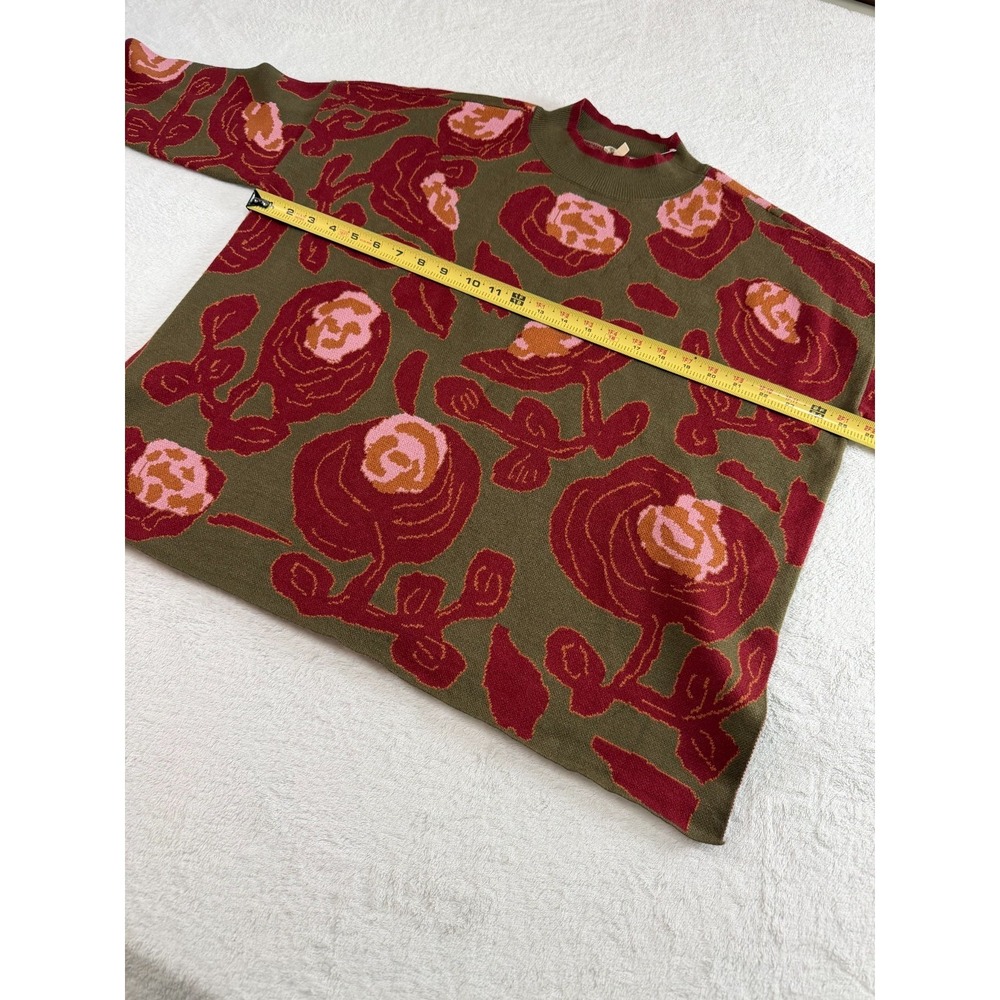 JODIFL Sweater Womens S Olive Green Red Floral Rose Mock Neck Slit Hem Oversized - Picture 6 of 9